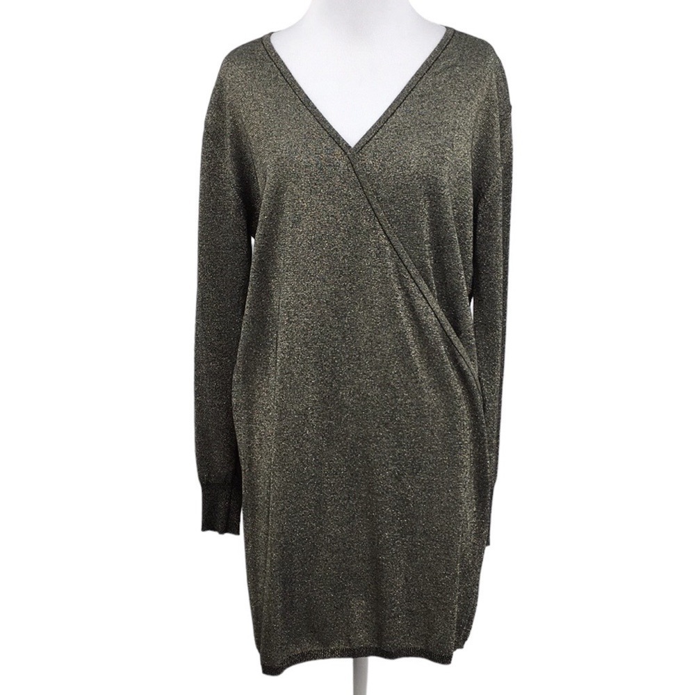 Callahan Mini Dress Womens Small Black Gold Shimmer Knit Faux Wrap Metallic